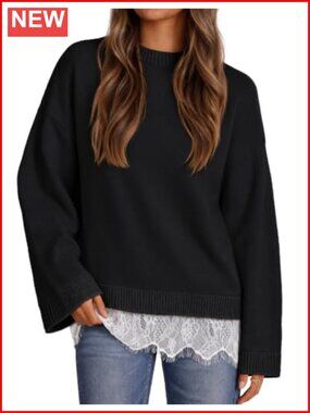 Oversized Lace Sweater Pullover Crew Neck Long Sleeve Knit